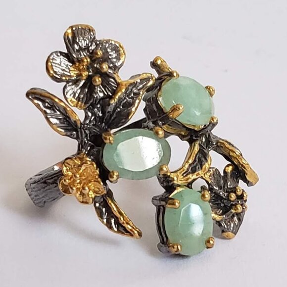 Artisan Jewelry - New EMERALD Sterling Silver Ring 925 Floral Artisan Gold Accents